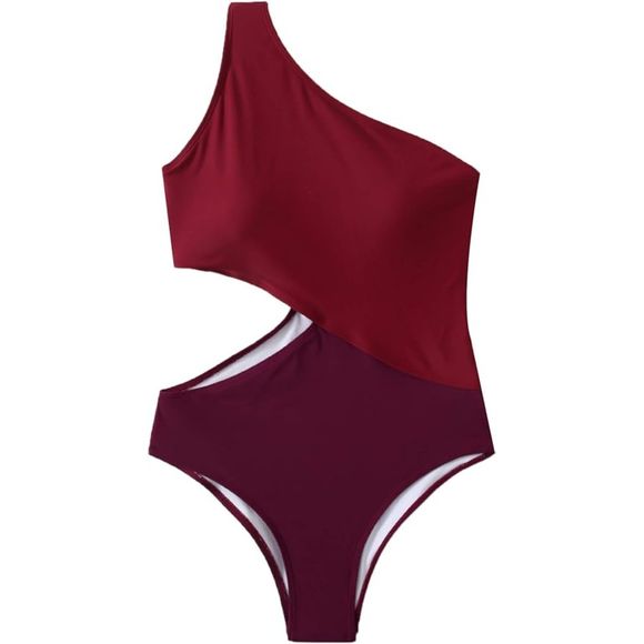 SweatyRocks RED Color Block One Shoulder Cutout 1pc Monokini Swimsuit SZ M: NWOT - Picture 1 of 11
